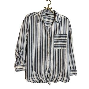 Club Z Collection Womens 1X Blue White Striped 3/4‎ Sleeve Button Down Top